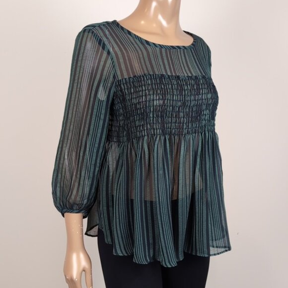 RW&Co Striped Sheer Blouse Smocked Draped Peasant Style Cropped Bubble Sleeve - Picture 3 of 9